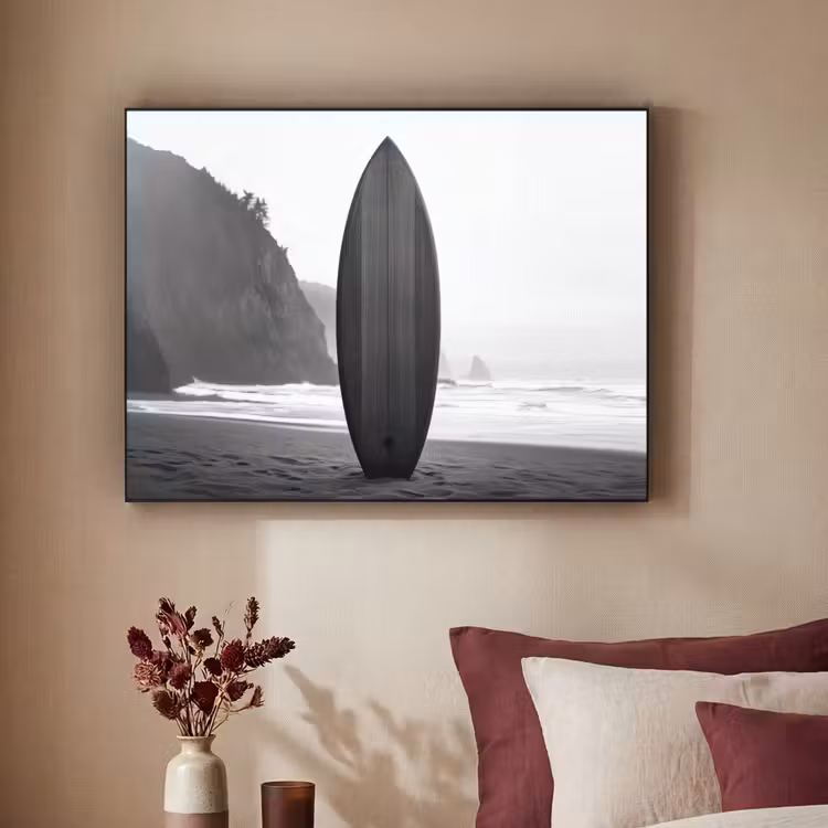 Surfplank - Zand - Zee Textielframe zwart klein -sfeer1