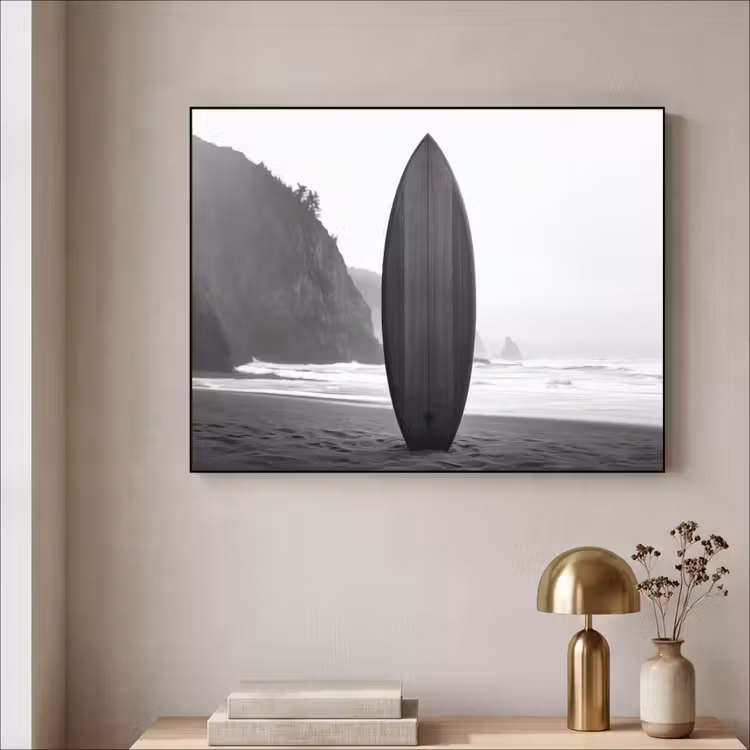 Surfplank - Zand - Zee Textielframe zwart klein -sfeer2