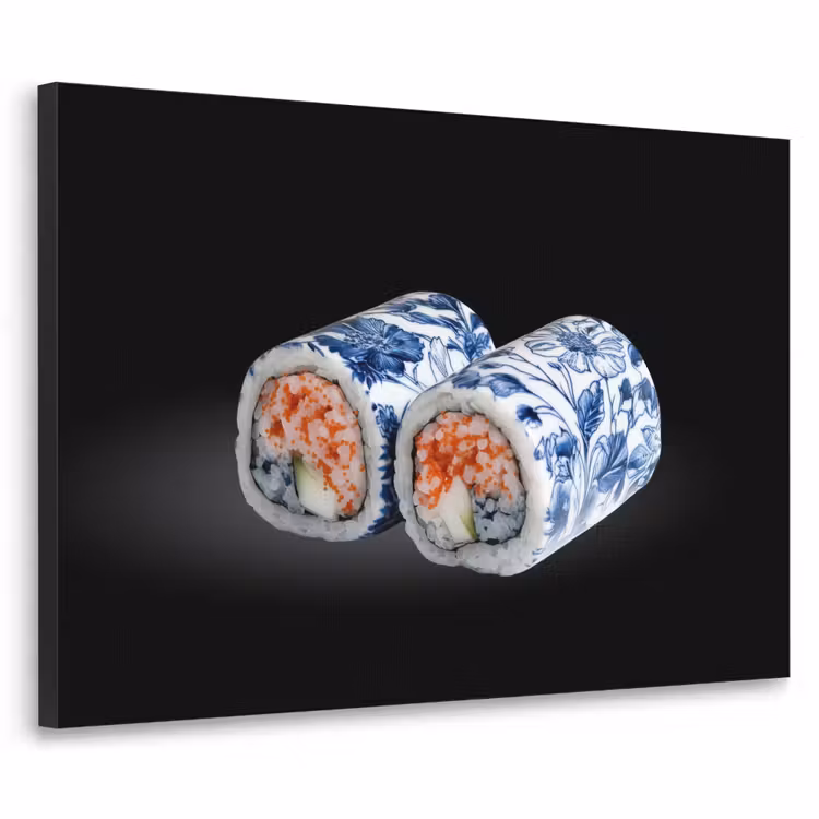 Sushi - Delfts blauw - Rijst - Vis - Elegant Textielframe - compleet frame klein -3d