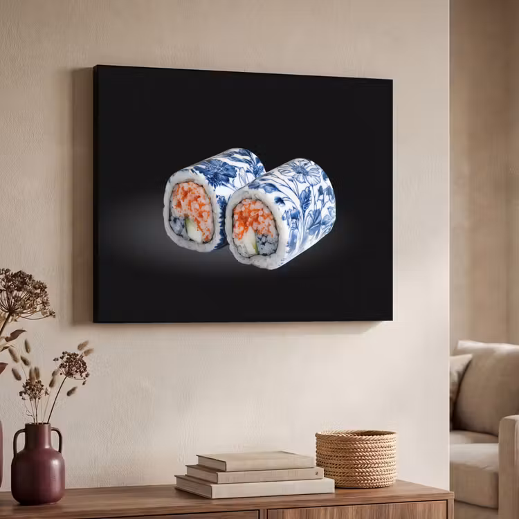 Sushi - Delfts blauw - Rijst - Vis - Elegant Textielframe zwart klein -sfeer3