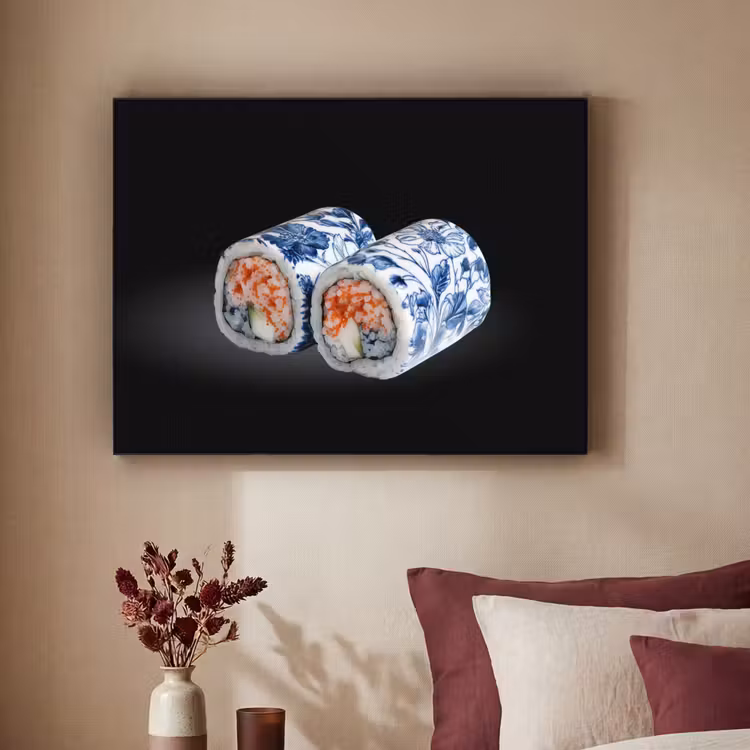 Sushi - Delfts blauw - Rijst - Vis - Elegant Textielframe - compleet frame klein -sfeer1