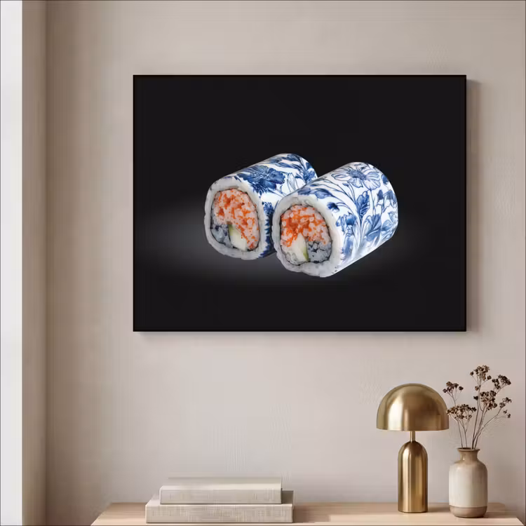 Sushi - Delfts blauw - Rijst - Vis - Elegant Textielframe - compleet frame klein -sfeer2
