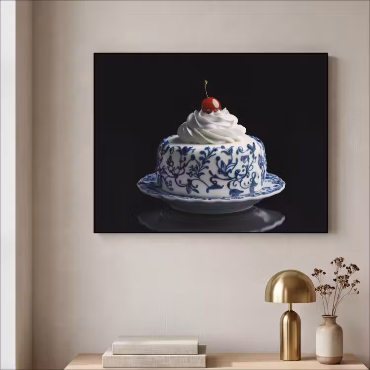 Taart - Slagroom - Kers - Bord - Delfts blauw Textielframe - compleet frame klein -sfeer2