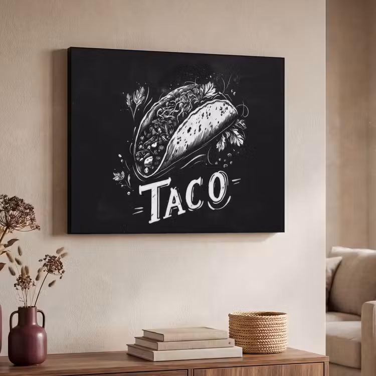 Taco - Kruiden - Witte krijtstijl - Tekst Textielframe zwart klein -sfeer3