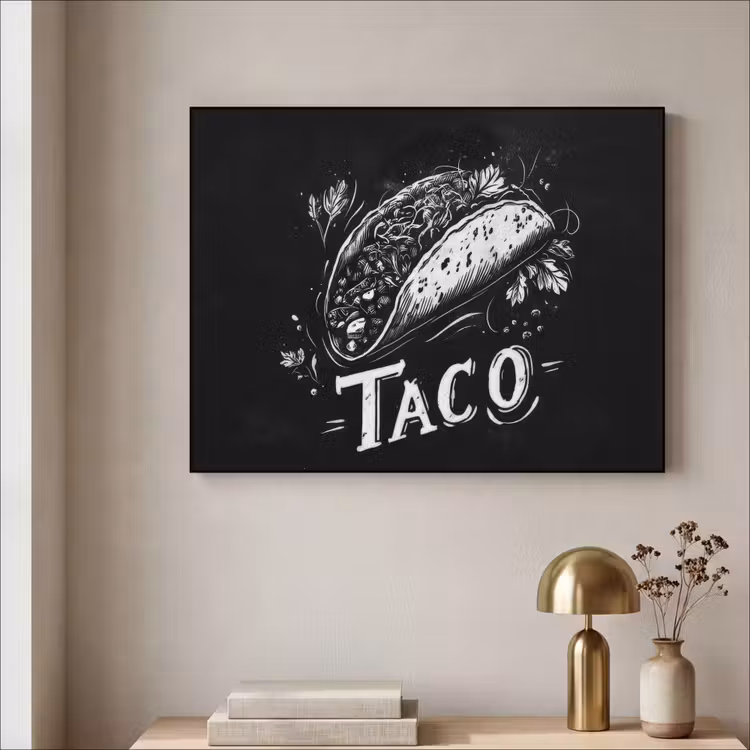 Taco - Kruiden - Witte krijtstijl - Tekst Textielframe zwart klein -sfeer2