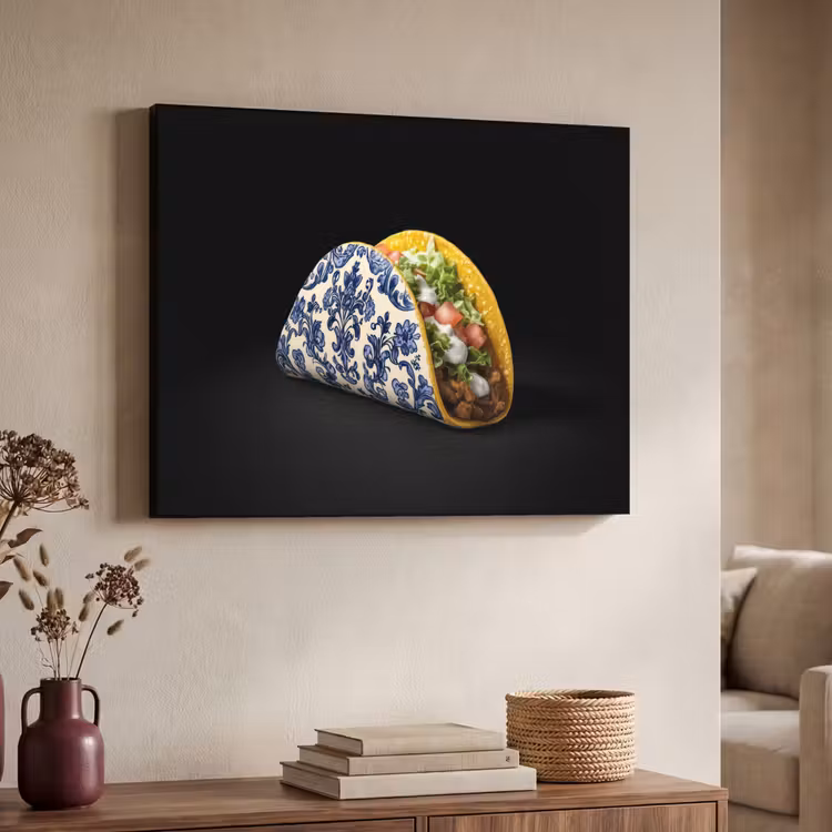 Taco - Vlees - Salade - Delftsblauw - Motief Textielframe - compleet frame klein -sfeer3