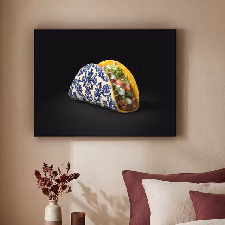 Taco - Vlees - Salade - Delftsblauw - Motief Textielframe - compleet frame klein -sfeer1