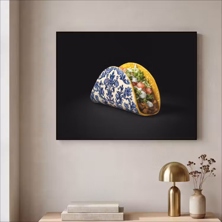 Taco - Vlees - Salade - Delftsblauw - Motief Textielframe - compleet frame klein -sfeer2