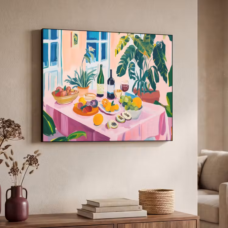 Tafel - Wijn - Fruit Textielframe zwart klein -sfeer3