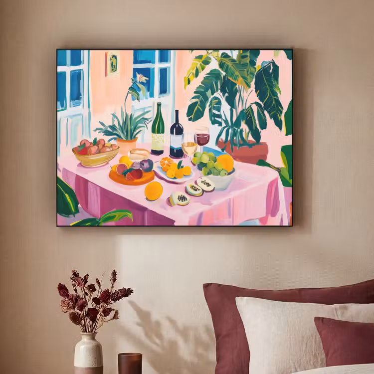 Tafel - Wijn - Fruit Textielframe zwart klein -sfeer1