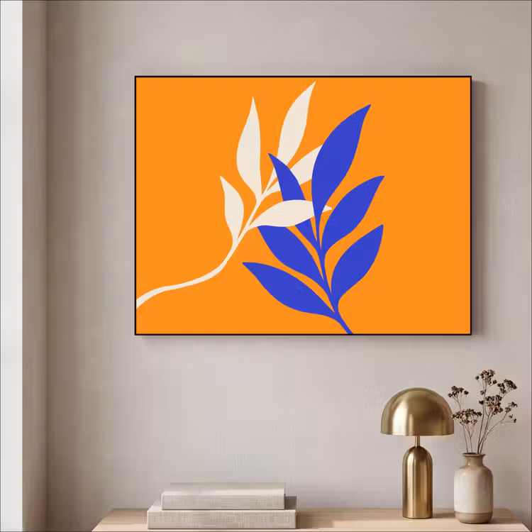Takken - Bladeren - Minimalistisch - Blauw Textielframe - compleet frame klein -sfeer2