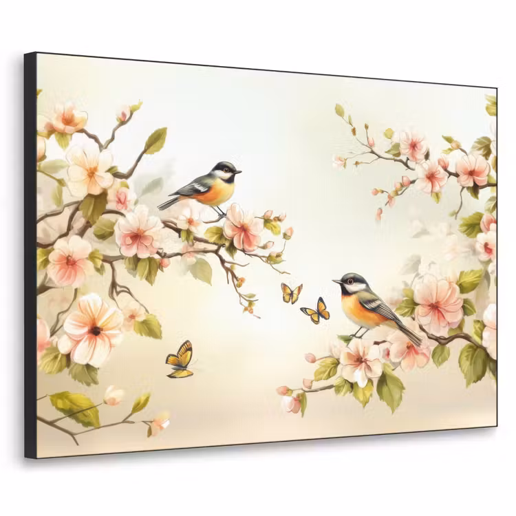 Takken - Bloemen - Vogeltjes - Roze Textielframe - compleet frame klein -3d