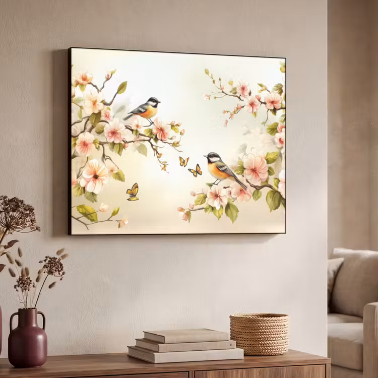 Takken - Bloemen - Vogeltjes - Roze Textielframe zwart klein -sfeer3