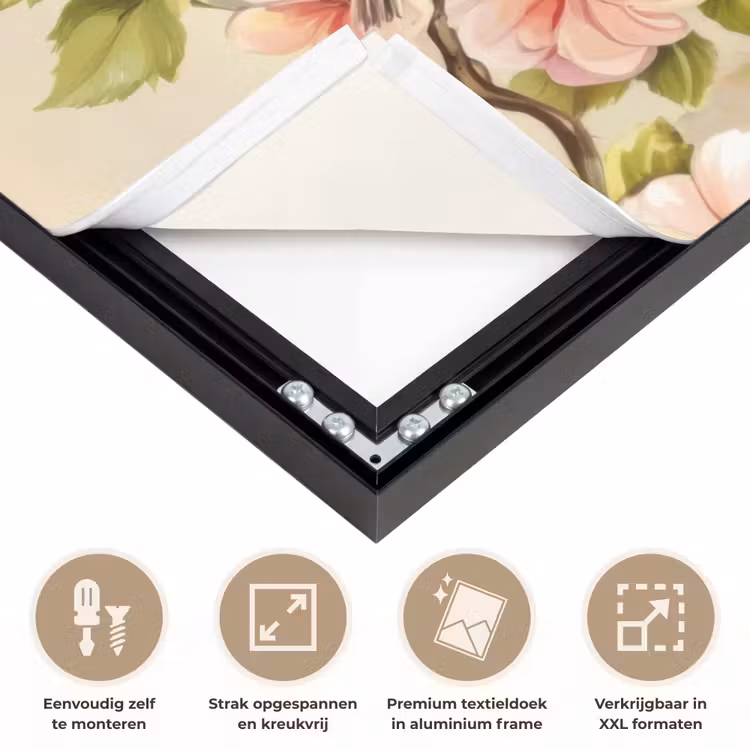 Takken - Bloemen - Vogeltjes - Roze Textielframe zwart klein -USP_feed_closeupNL