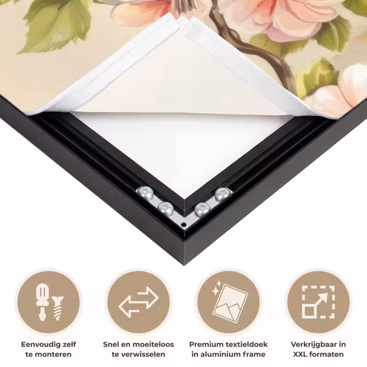Takken - Bloemen - Vogeltjes - Roze Textielframe zwart klein -USP_closeupNL