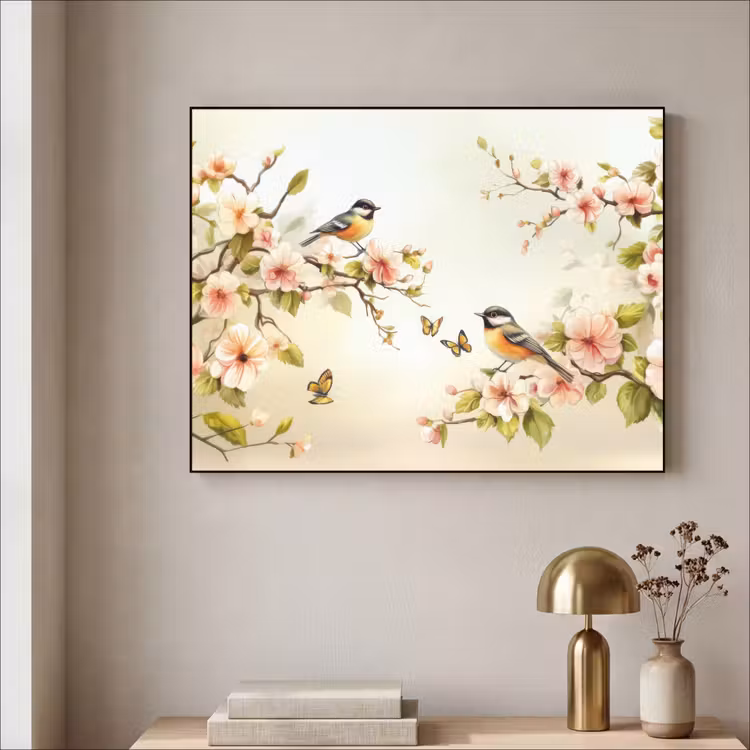 Takken - Bloemen - Vogeltjes - Roze Textielframe zwart klein -sfeer2