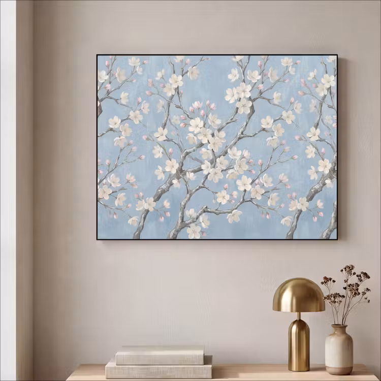 Takken - Kersenbloesem - Blauw Textielframe zwart klein -sfeer2