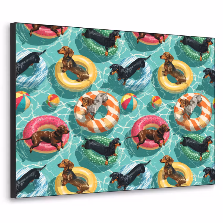 Teckels - Zwembad - Kleurrijk Textielframe zwart klein 947 -3d