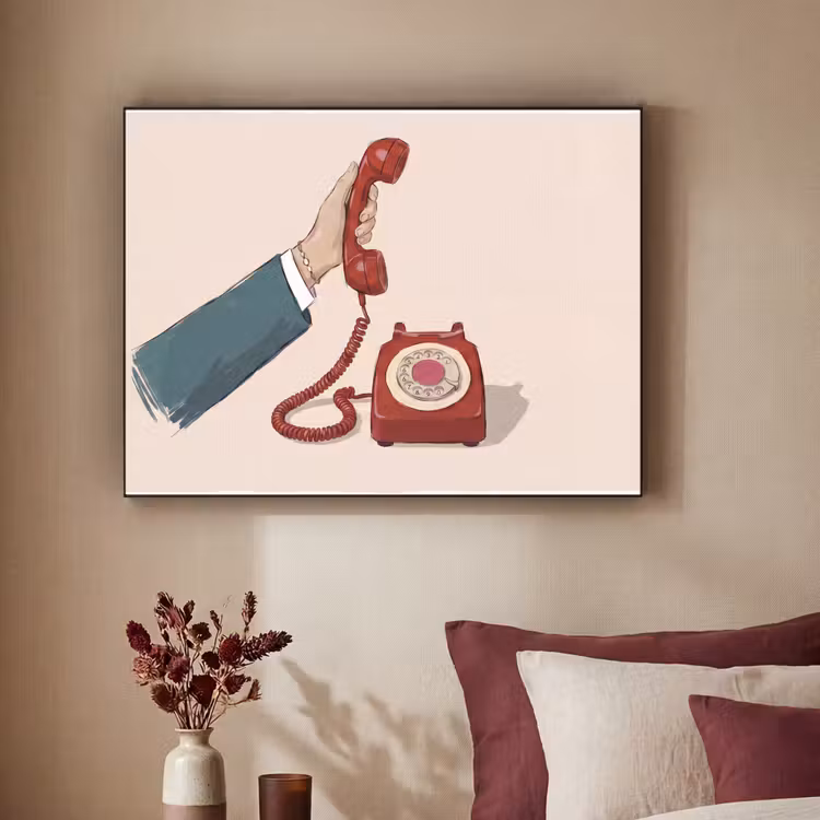 Telefoon - Hand - Vintage - Communicatie - Rood Textielframe zwart klein -sfeer1