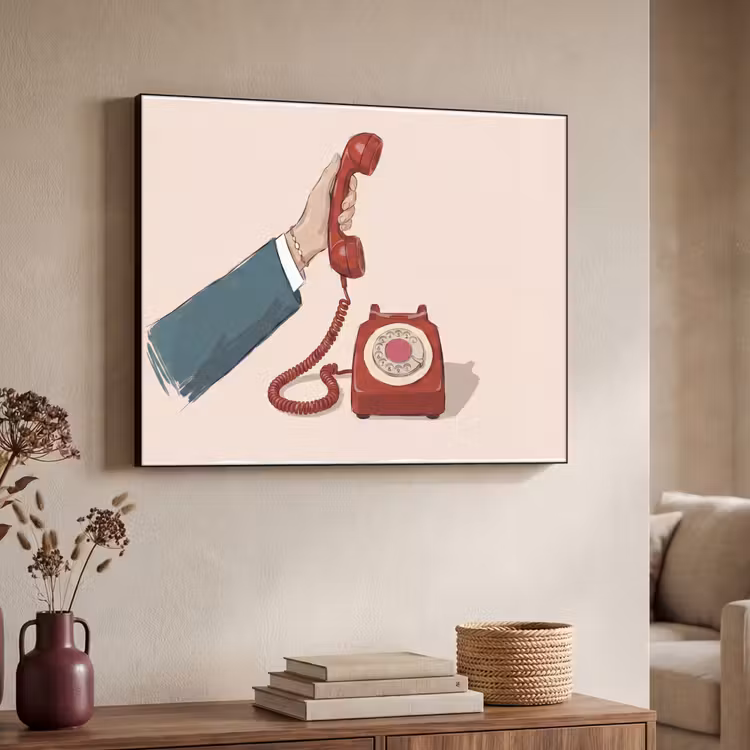 Telefoon - Hand - Vintage - Communicatie - Rood Textielframe zwart klein -sfeer3