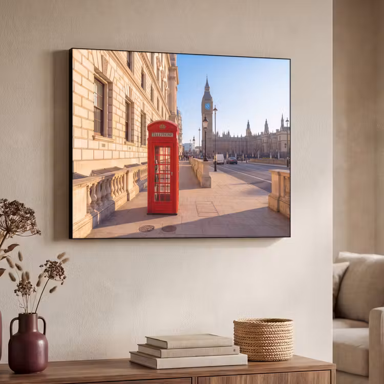 Telefooncel - Rood - Londen - Stad - Architectuur Textielframe zwart klein -sfeer3