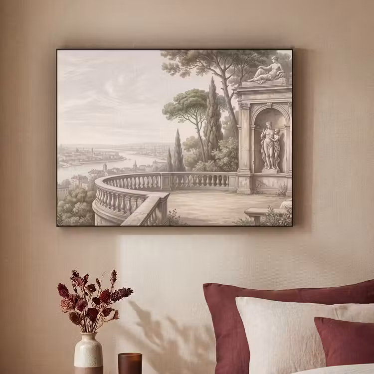 Terras - Stad - Uitzicht - Rivier Textielframe zwart klein -sfeer1