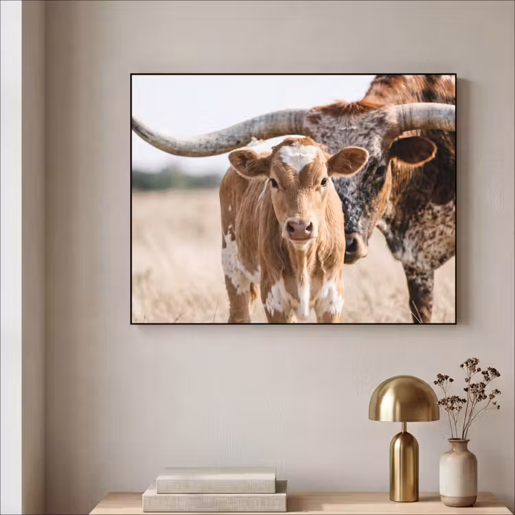 Texas Longhorn - Kalf - Weide - Dieren Textielframe zwart klein -sfeer2