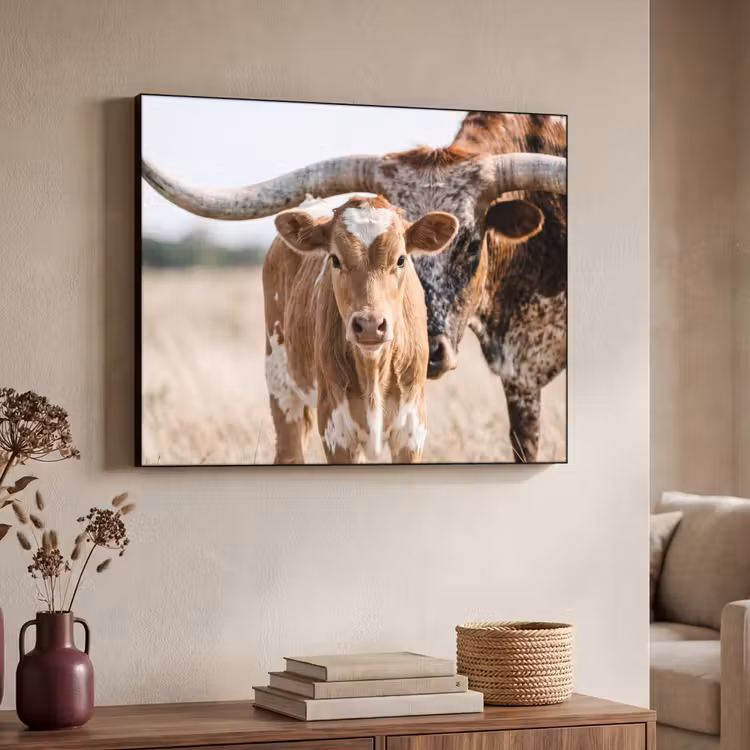Texas Longhorn - Kalf - Weide - Dieren Textielframe zwart klein -sfeer3