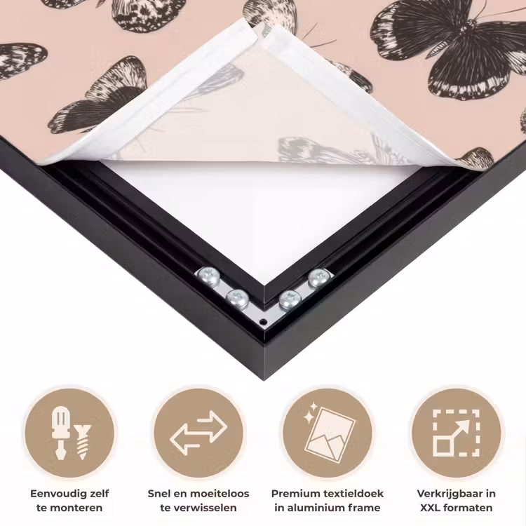 Tijdloos - Vlinders - Perzik Textielframe zwart klein 947 -USP_closeupNL
