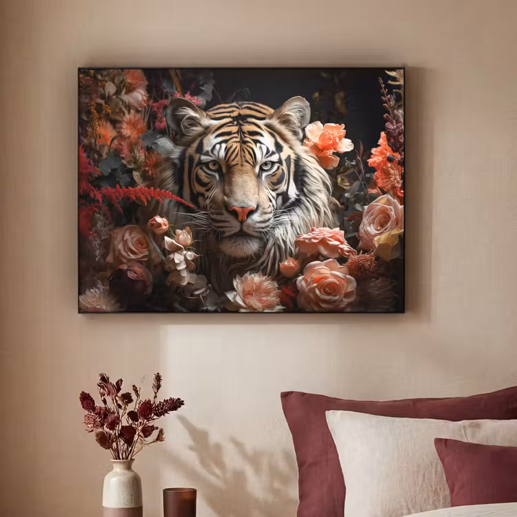 Tijger - Dier - Natuur - Bloemen - Botanisch Textielframe zwart klein -sfeer1