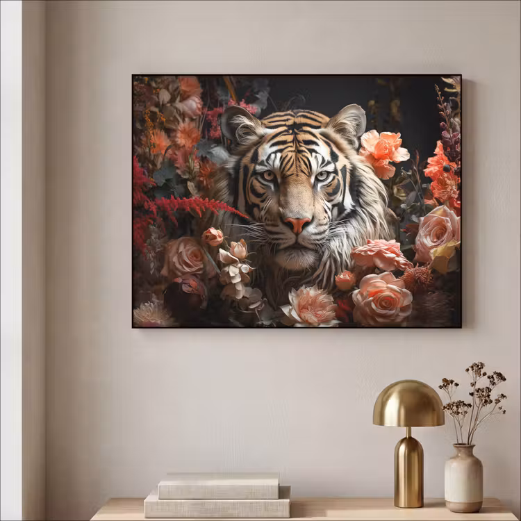 Tijger - Dier - Natuur - Bloemen - Botanisch Textielframe zwart klein -sfeer2