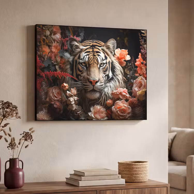 Tijger - Dier - Natuur - Bloemen - Botanisch Textielframe zwart klein -sfeer3