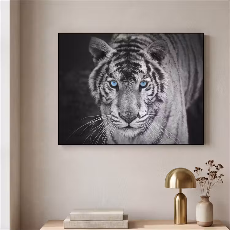 Tijger - Dier - Zwart - Blauw - Modern Textielframe zwart klein -sfeer2