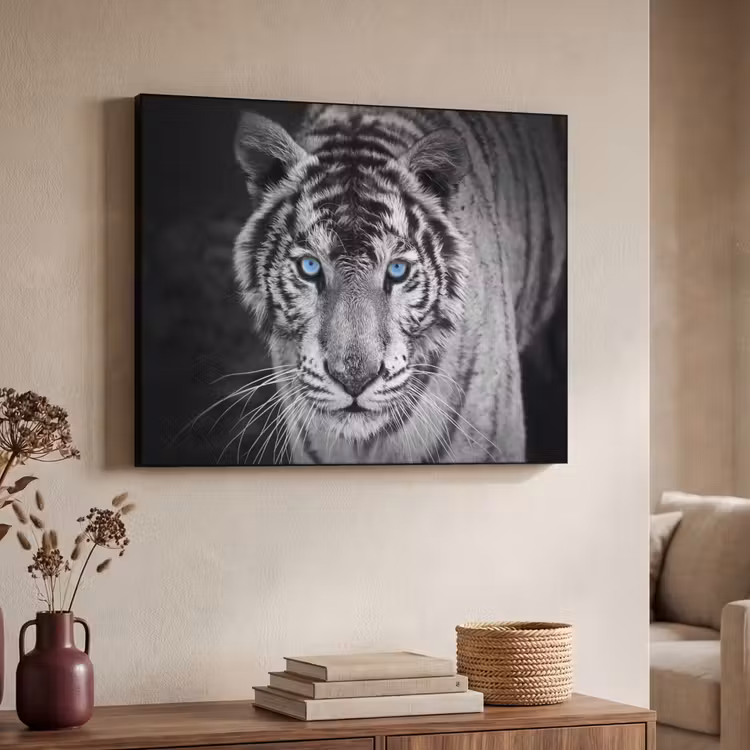 Tijger - Dier - Zwart - Blauw - Modern Textielframe zwart klein -sfeer3