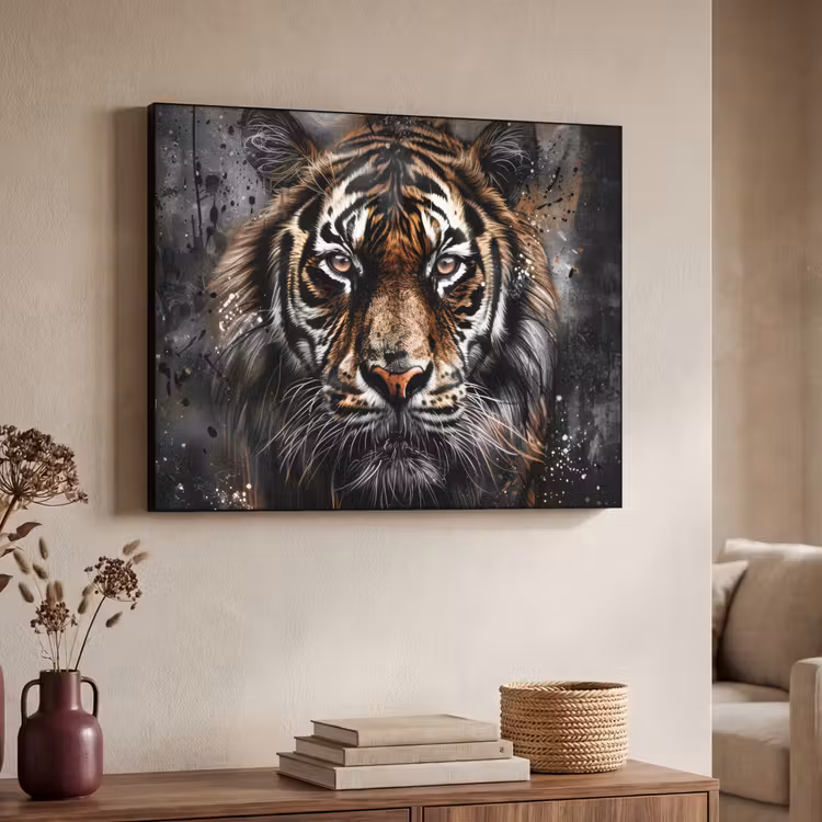 Tijger - Dieren - Portret - Luxe - Zwart Textielframe zwart klein -sfeer3