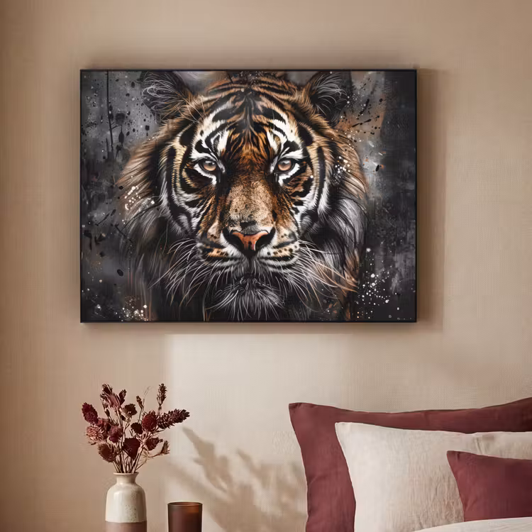 Tijger - Dieren - Portret - Luxe - Zwart Textielframe zwart klein -sfeer1