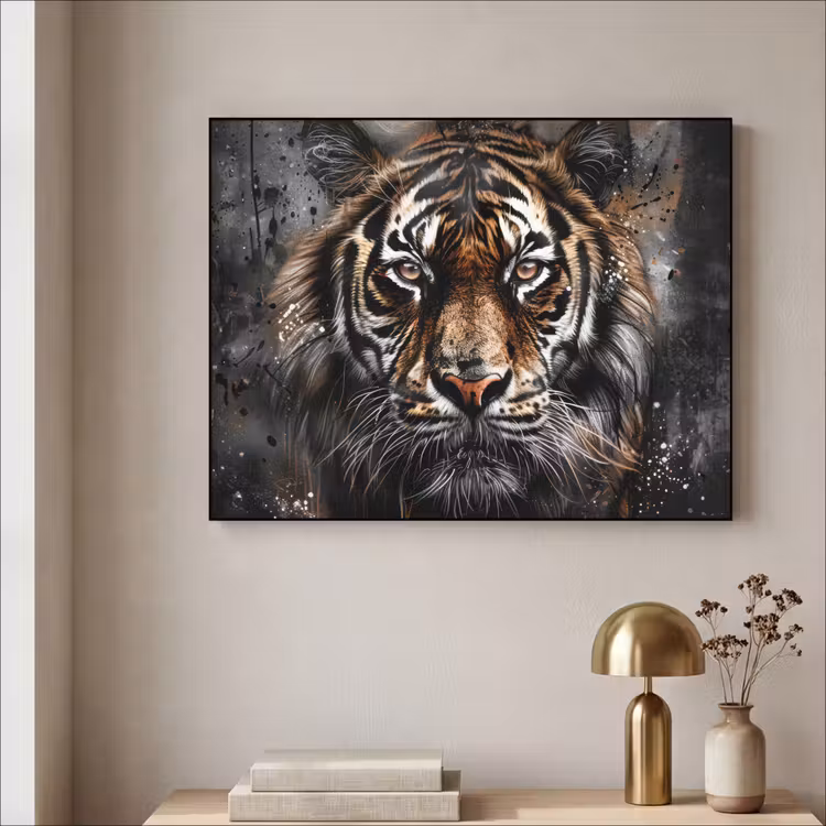 Tijger - Dieren - Portret - Luxe - Zwart Textielframe zwart klein -sfeer2