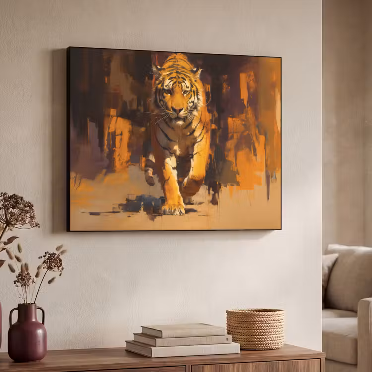 Tijger - Geschilderd - Oranje - Penseelstreken Textielframe - compleet frame klein -sfeer3