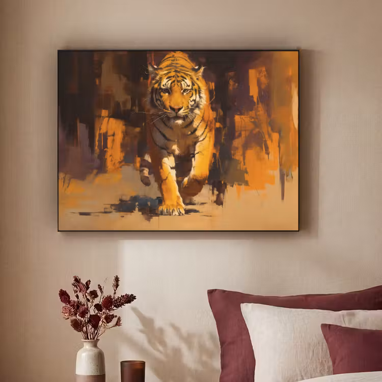 Tijger - Geschilderd - Oranje - Penseelstreken Textielframe zwart klein -sfeer1