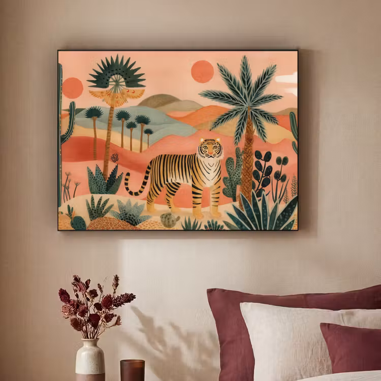 Tijger - Kleurrijk - Palmen - Cactus Textielframe zwart klein -sfeer1