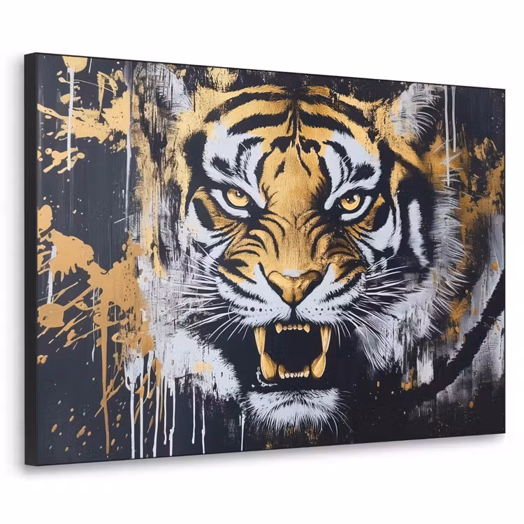Tijger - Verfspatten - Goud Textielframe - compleet frame klein -3d
