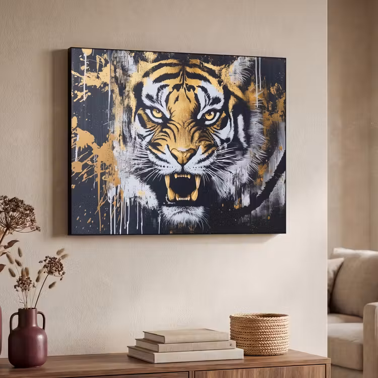 Tijger - Verfspatten - Goud Textielframe zwart klein -sfeer3