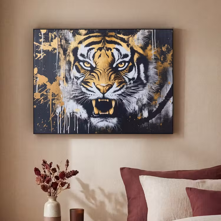 Tijger - Verfspatten - Goud Textielframe - compleet frame klein -sfeer1