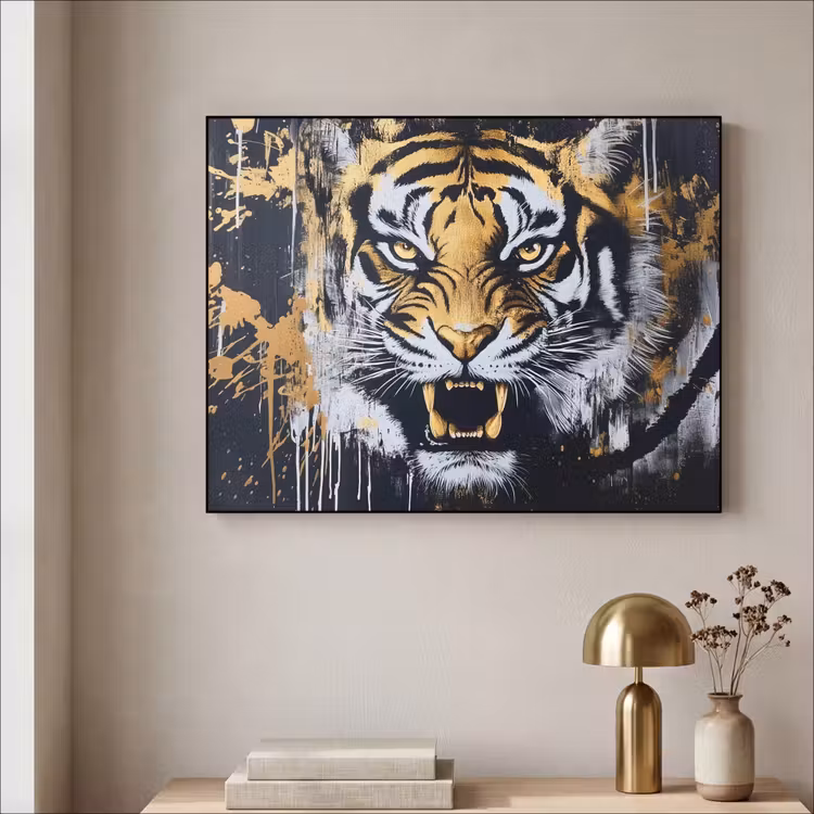 Tijger - Verfspatten - Goud Textielframe zwart klein -sfeer2