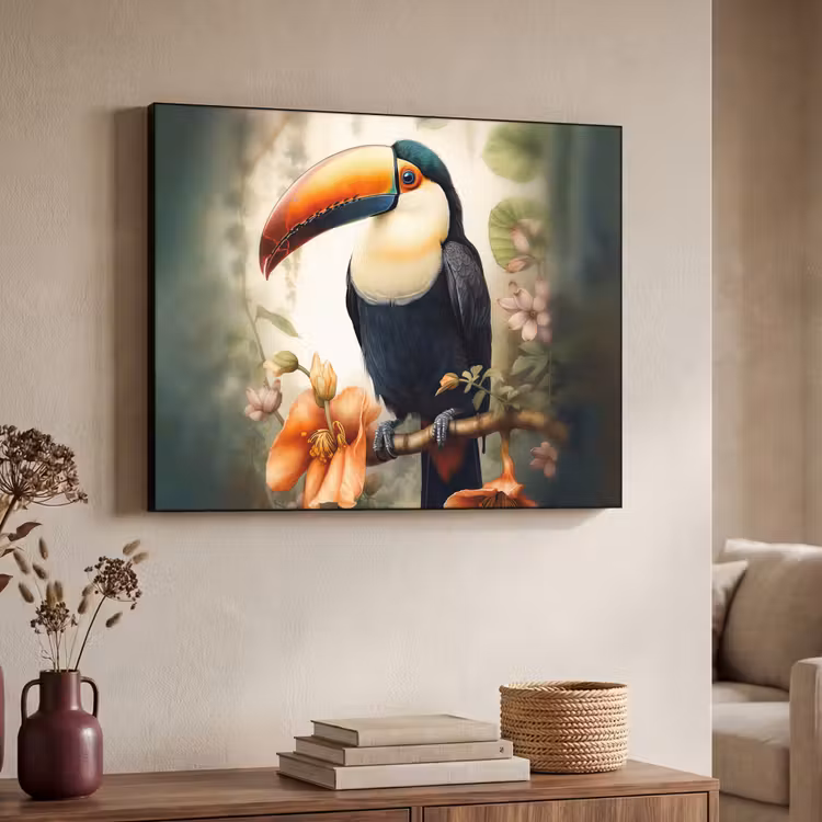 Toekan - Vogel - Bloemen - Planten Textielframe zwart klein -sfeer3