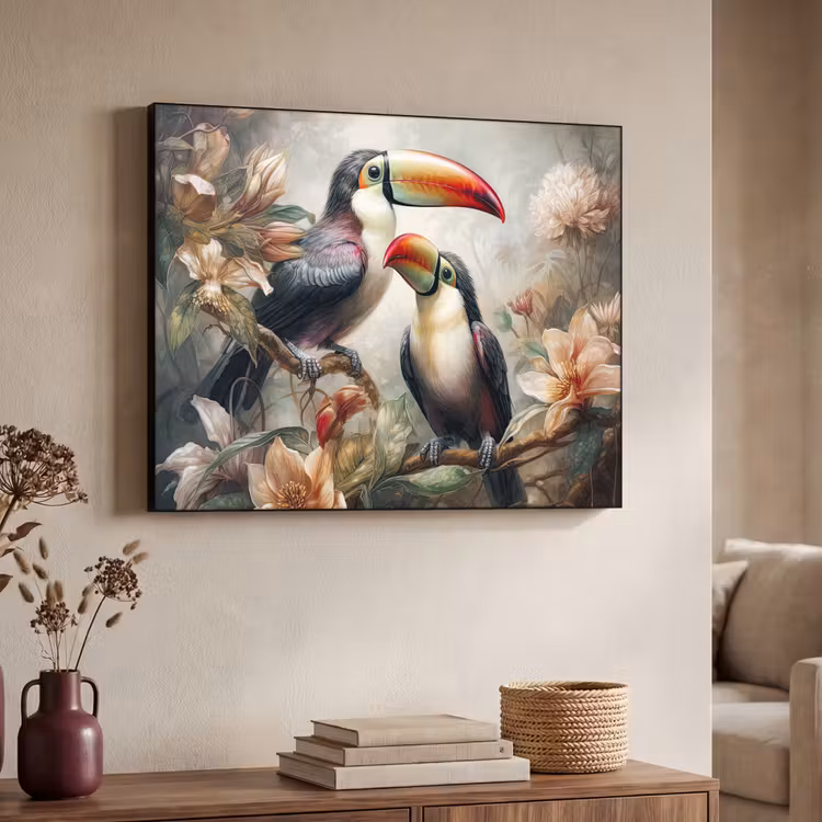 Toekan - Vogels - Bloemen - Jungle Textielframe zwart klein -sfeer3
