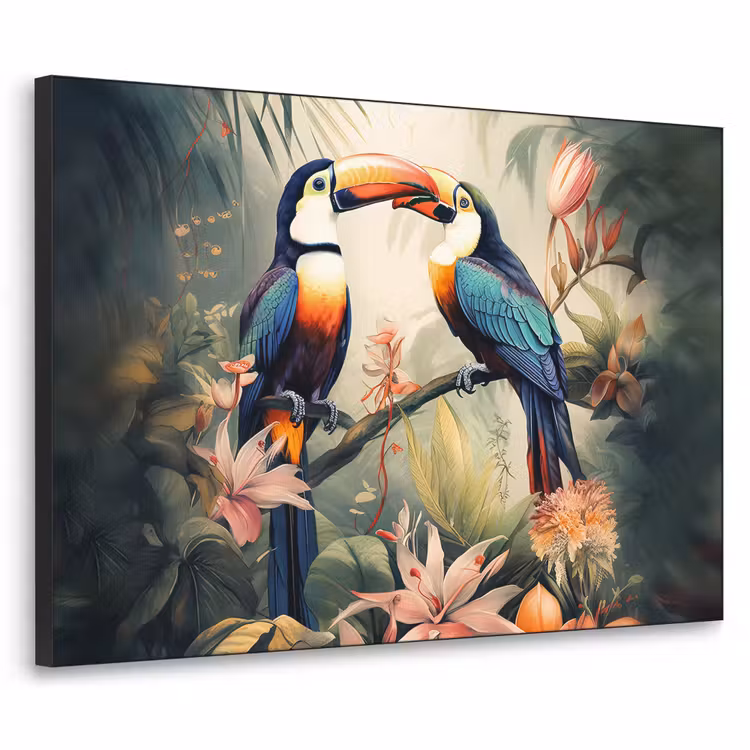 Toekan - Vogels - Bloemen - Natuur - Jungle Textielframe zwart klein -3d