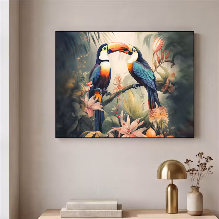 Toekan - Vogels - Bloemen - Natuur - Jungle Textielframe zwart klein -sfeer2