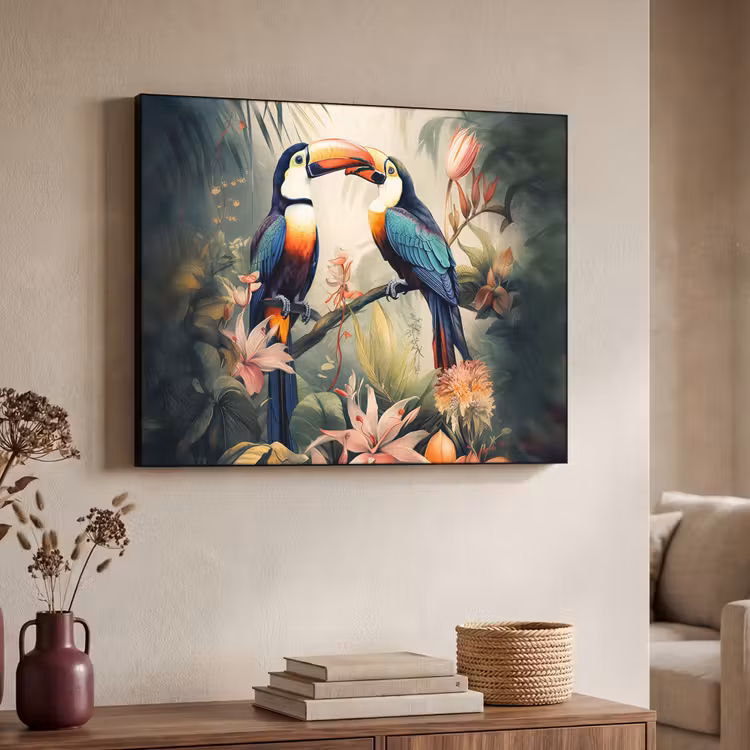 Toekan - Vogels - Bloemen - Natuur - Jungle Textielframe zwart klein -sfeer3