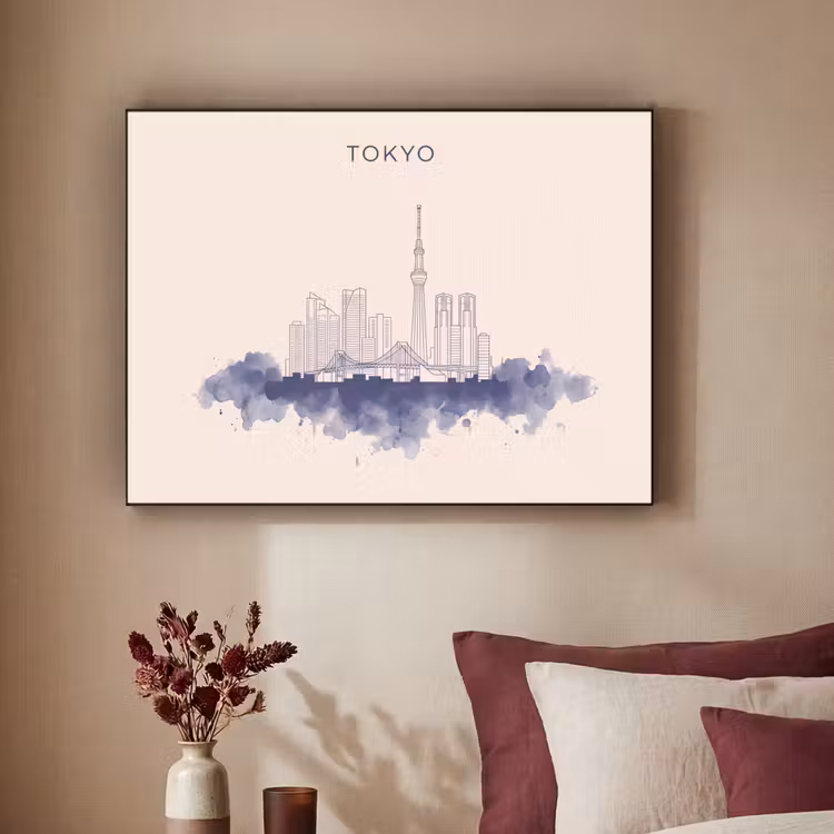 Tokyo - Skyline - Stad - Abstract - Blauw Textielframe zwart klein -sfeer1
